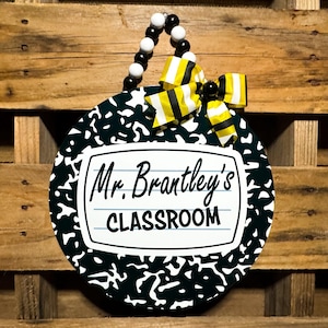 Composition Book Teacher Name Sign | Personalized Metal Classroom Door Hanger | Custom Welcome Sign | Classroom Decor | Teacher Gift