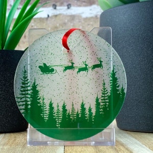 Santa with Sleigh and Reindeer 3” Clear Glass Ornament | Holiday | Christmas Gift | Housewarming Gift | Christmas Tree Ideas
