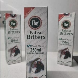 May include: Three rectangular boxes of Fabsu Bitters, a non-alcoholic beverage. Each box is white with red accents and features the brand name, a logo, and the text "250ml". The boxes have an illustration of a plant.