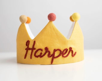 Hand Embroidered Linen Birthday Crown: Personalized Baby Keepsake