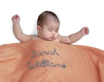 Personalized Hand-Lettered Baby Swaddle | Custom Embroidered Newborn Blanket