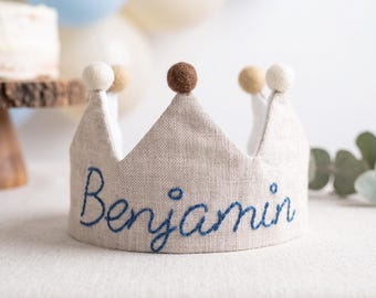 Embroidered linen brthday crowns for baby and tollder, custom embroidered name birthday crown, baby keepsakes, first birhtday gifts