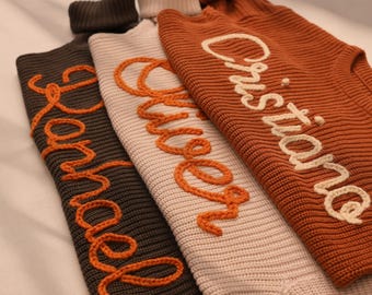 Hand Embroidered Name Baby Sweater: Custom Knit Birthday Gift