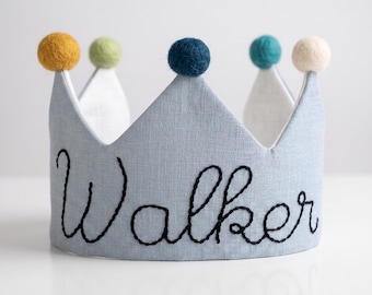 Hand embroidered first birthday boy crown, baby blue 1st birthday outfit, birthday gift for kids