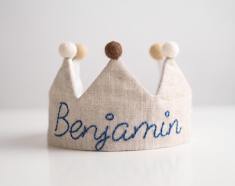 Hand Embroidered Linen Crown for Kids and Children's Birthdays, Personalized Gifts | Keepsake for First Birthday Party | Neutral Birthday