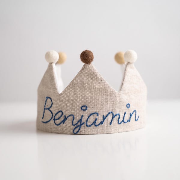 Hand Embroidered Linen Crown for Kids and Children's Birthdays, Personalized Gifts | Keepsake for First Birthday Party | Neutral Birthday