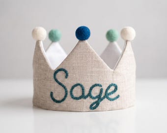 Personalized hand embroidered fabric crown, toddler gift, 1st birthday boy and girl outfit, birthday gift for kids, wild one birthday crown