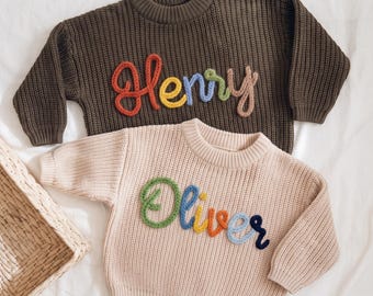 Hand Embroidered Baby Sweater With Name, Neutral Chunky Knit, Toddler Birthday Gift, Home Coming Outfit, Family Matching Clothes