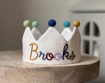 Hand Embroidered Birthday Crown, Classic White Linen, Toddler Boy Birthday Party, First Trip Around The Sun, Keepsake Party Hat