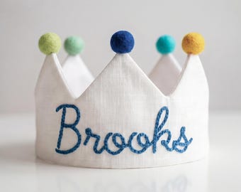 1st birthday crown for boys, linen fabric crown with embroidered name, 1 year old birthday gifts, oneder the sea