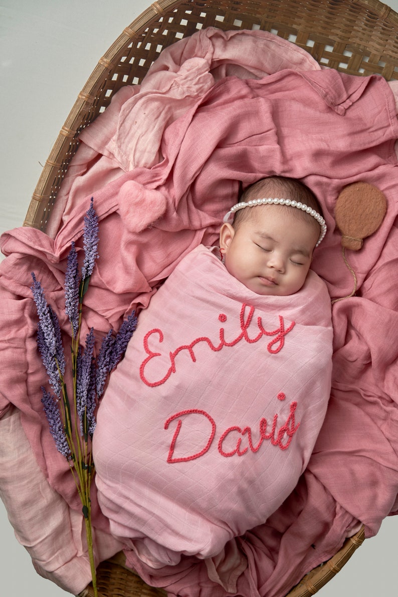 Personalized Hand-Lettered Baby Swaddle Custom Embroidered Newborn Blanket image 4