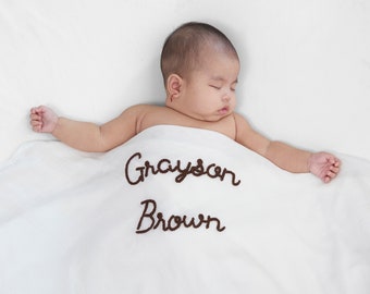 Personalized Hand-Lettered Baby Swaddle | Custom Embroidered Newborn Blanket