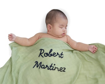 Personalized Hand-Lettered Baby Swaddle | Custom Embroidered Newborn Blanket