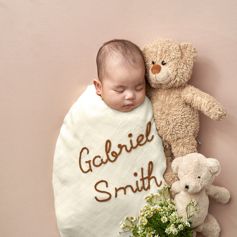 Personalized Hand-Lettered Baby Swaddle Custom Embroidered Newborn Blanket image 5