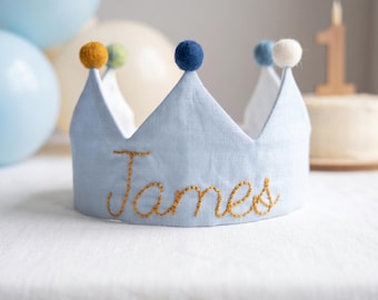 Hand Embroidered Linen Crown for Kids and Children's Birthdays, 1st birthday gifts, keepsake for first birthday