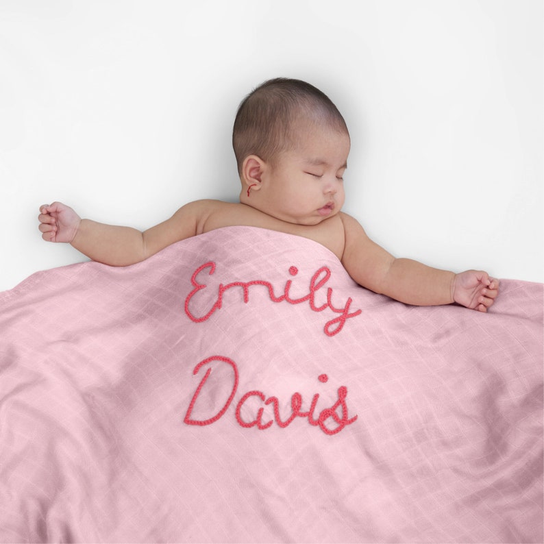 Personalized Hand-Lettered Baby Swaddle Custom Embroidered Newborn Blanket image 1