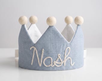 Hand embroidered one year old birthday gift, linen fabric birthday crown for baby and children, toddler gift