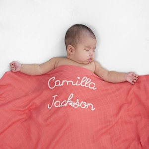 Personalized Hand-Lettered Baby Swaddle Custom Embroidered Newborn Blanket image 1