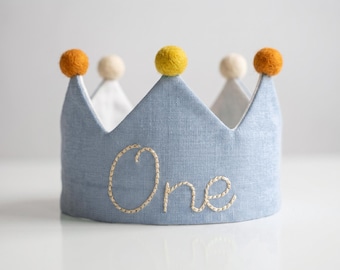 Hand embroidered first birthday crown, linen fabric birthday crown for baby and kids, baby blue birthday hat