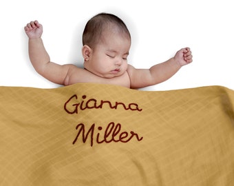 Personalized Hand-Lettered Baby Swaddle | Custom Embroidered Newborn Blanket