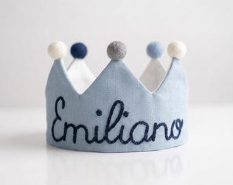Embroidered linen birthday crown for baby and toddlers, 1st birthday gift girl, blue baby boy birthday outfit