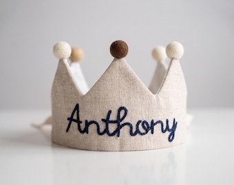 Hand Embroidered Linen Crown for Kids and Children's Birthdays, Personalized Gifts | Keepsake for First Birthday Party | Neutral Birthday