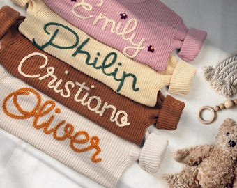 Personalized Hand-Embroidered Baby Name Sweater: Custom Knit Gift