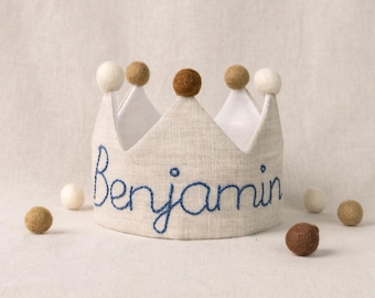Hand Embroidered Linen Birthday Crown: Personalized Baby Keepsake