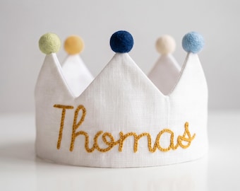 Hand embroidered birthday fabric crown for baby and kids, personalized baby gifts, 1 year old birthday gifts