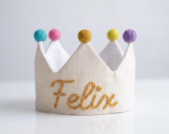 Hand Embroidered Linen Crown for Kids and Children's Birthdays, Personalized Gifts | Keepsake for First Birthday Party and Special Occasions
