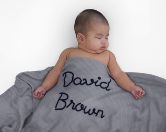 Personalized Hand-Lettered Baby Swaddle | Custom Embroidered Newborn Blanket