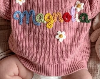Hand Embroidered Baby Sweater With Name, Christmas Home Coming Outfit, Newborn Personalized Clothes