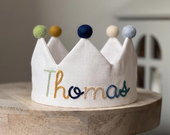 Hand Embroidered Birthday Crown, Neutral White Linen, Baby Boy First Birthday, Boy Cake Smash Outfit, Personalized Party Crown
