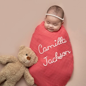 Personalized Hand-Lettered Baby Swaddle Custom Embroidered Newborn Blanket image 4
