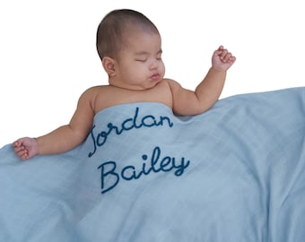 Personalized Hand-Lettered Baby Swaddle | Custom Embroidered Newborn Blanket