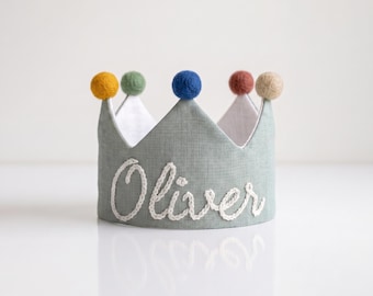 Hand Embroidered Linen Crown for Kids and Children's Birthdays, Personalized Gifts | Keepsake for First Birthday Party