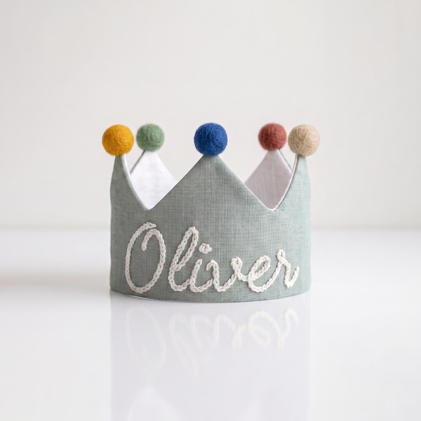 Hand Embroidered Linen Crown for Kids and Children's Birthdays, Personalized Gifts | Keepsake for First Birthday Party