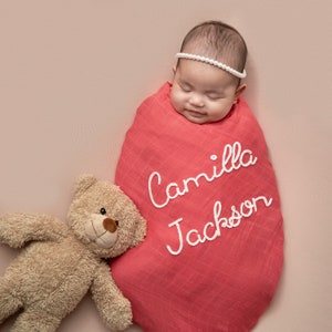 Personalized Hand-Lettered Baby Swaddle Custom Embroidered Newborn Blanket image 6