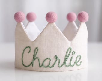 Embroidered linen birthday crown for baby and toddlers, 1st birthday gift girl, one silly goose birthday outfit