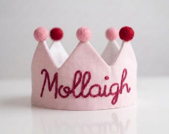 Hand embroidered one year old birthday gift, linen fabric birthday crown for baby and children, toddler gift