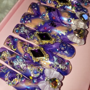 Handmade 3XL Square Press On Nails: Sailor Moon Iridescent Charms
