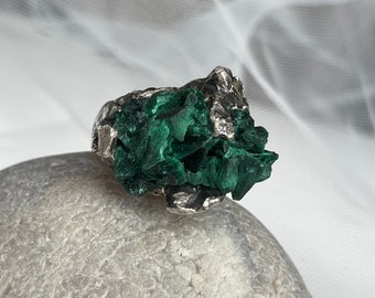 Rough natural malachite unique statement silver oxidized ring. Handcrafted
