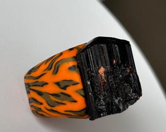 Tiger print polymer clay ring with rough black tourmaline