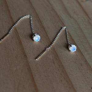 Natural rainbow moonstone dangle chain threader earrings in sterling silver