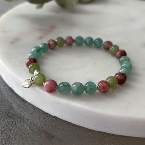 Natural rare green kyanite, pink tourmaline, jade beaded bracelet with silver bead