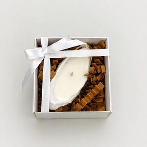 May include: A white gift box tied with a white ribbon, containing a cream-colored oyster shell candle. The candle sits on brown crinkle paper. The oyster shell candle has a single wick.