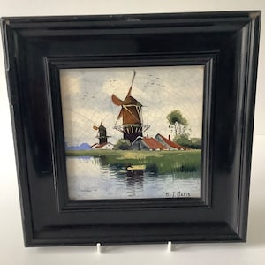 Polychrome Zuid Holland Gouda Framed Tile Picture with a Windmill theme - Rare