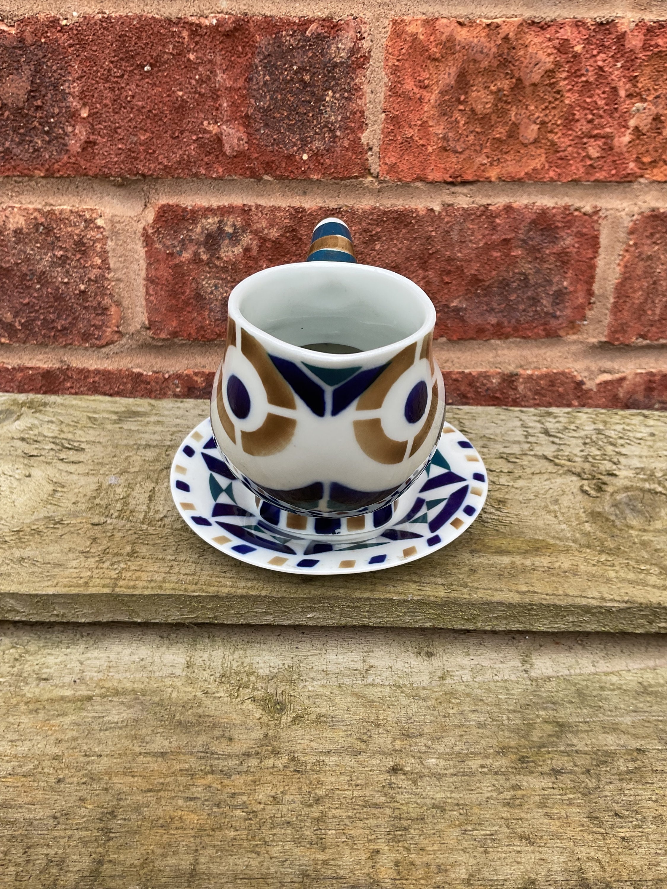 Rare Vintage Sargadelos Porcelain Modernist Owl Vase With Saucer