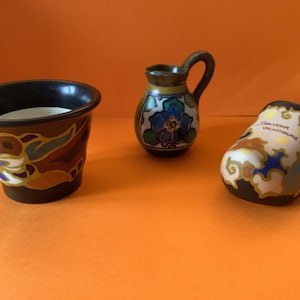 Trio of Dutch Mat Gouda pot, jug and clog