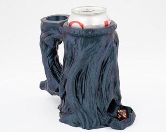 May include: A black and blue 3D printed dice tower with a can holder and a red dice inside. The tower is shaped like a tree trunk with a textured surface.